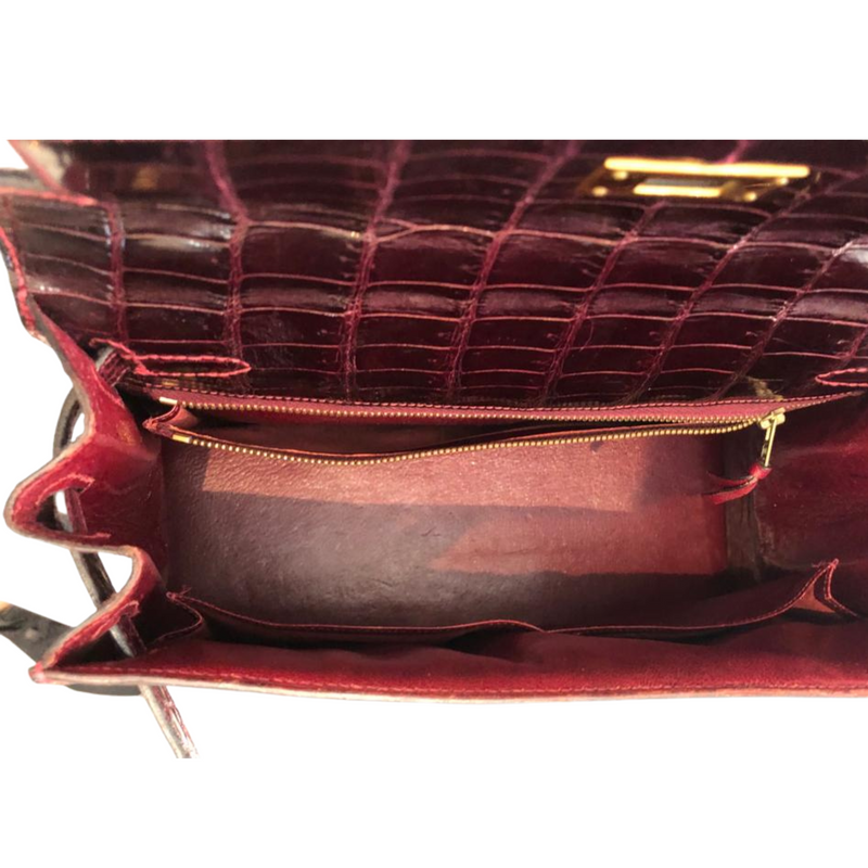 Hermès Kelly 28, Bag - Krokodilleder, Vintage bordeaux mit roten Nähten