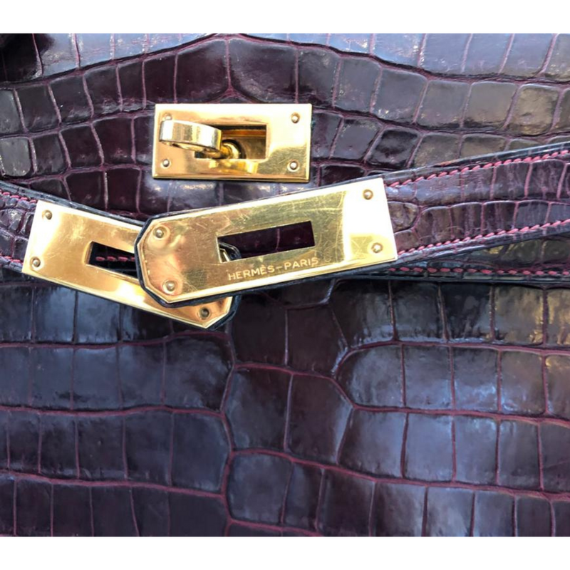 Hermès Kelly 28, Bag - Krokodilleder, Vintage bordeaux mit roten Nähten